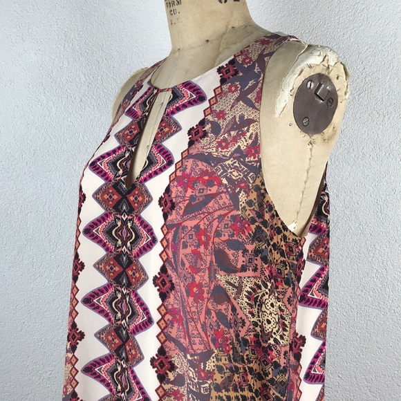 Lavender Brown l M Silk Tribal Bohemian Boho Festival Keyhole A-line Shift Dress - Picture 2 of 10